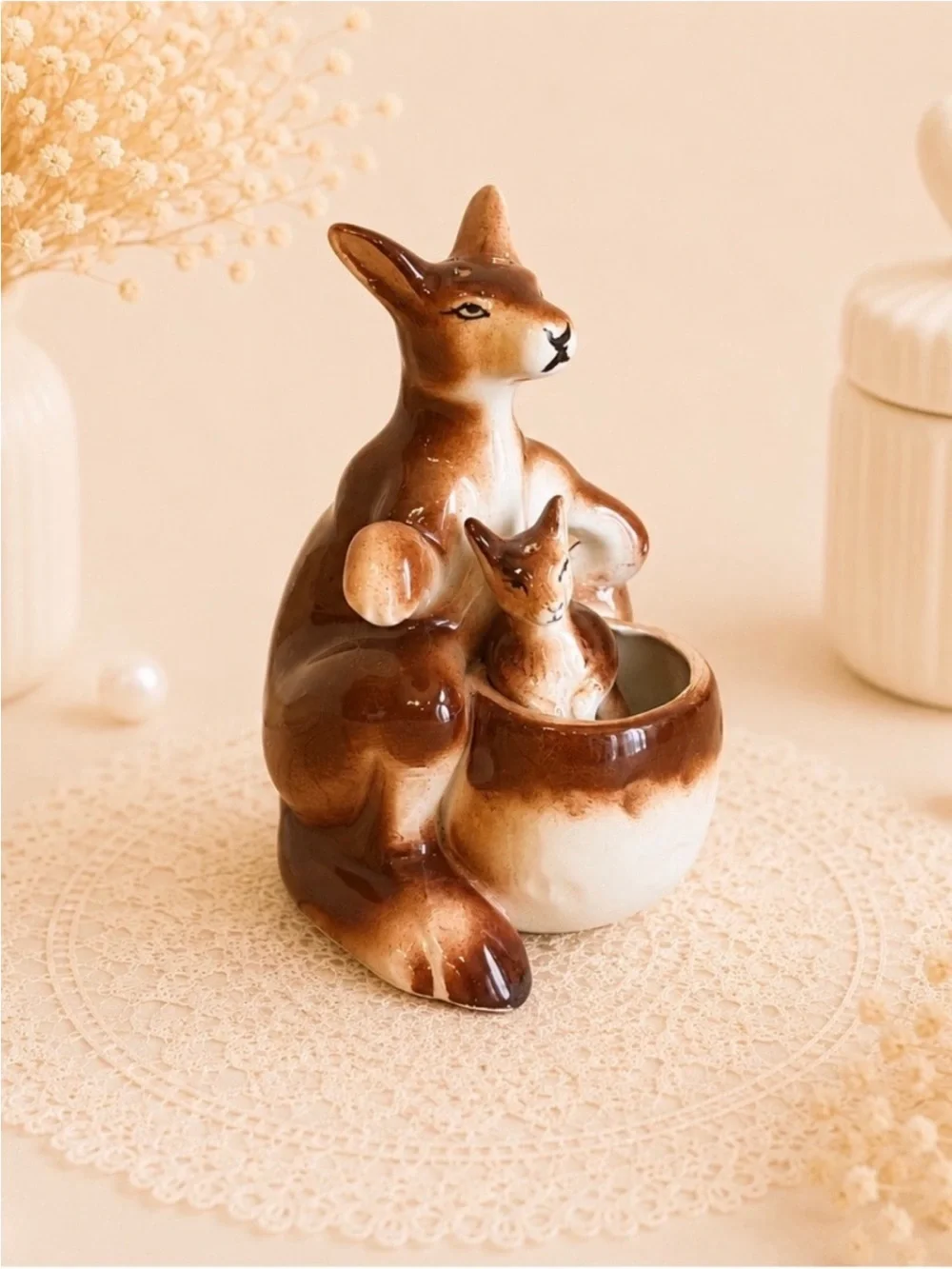 Porcelain kangaroo and joey salt and pepper shaker set-Marked Japan Vintage